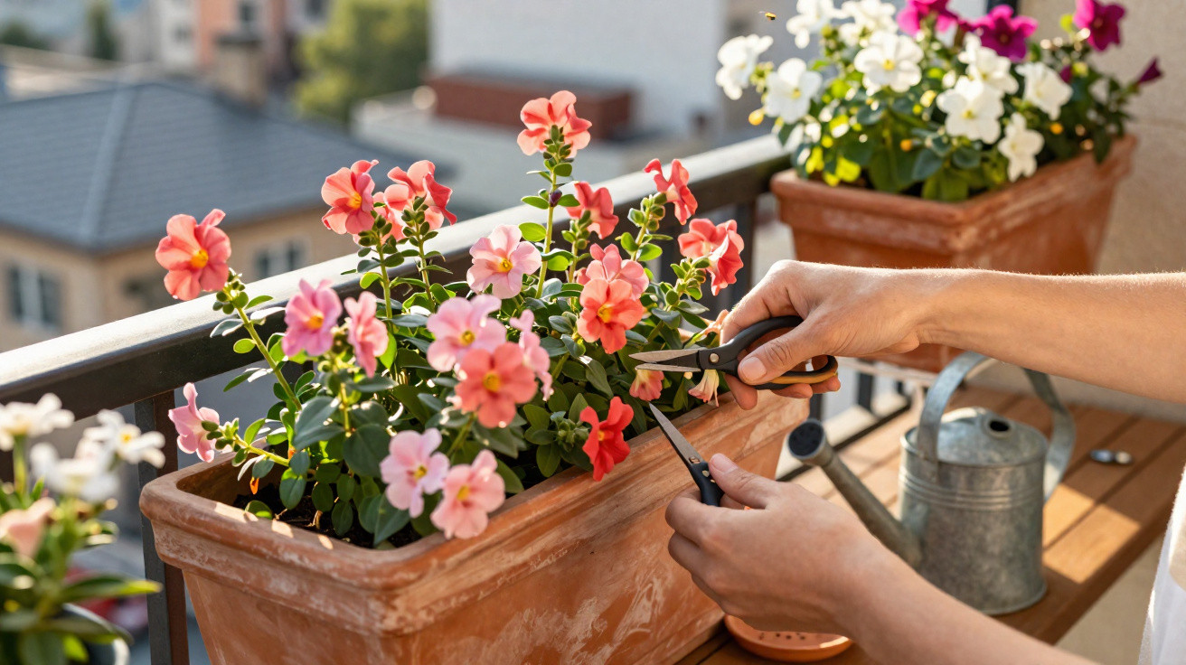 Person pruning pink and orange flowers in a large rectangular pot on a balcony with buildings in the background.