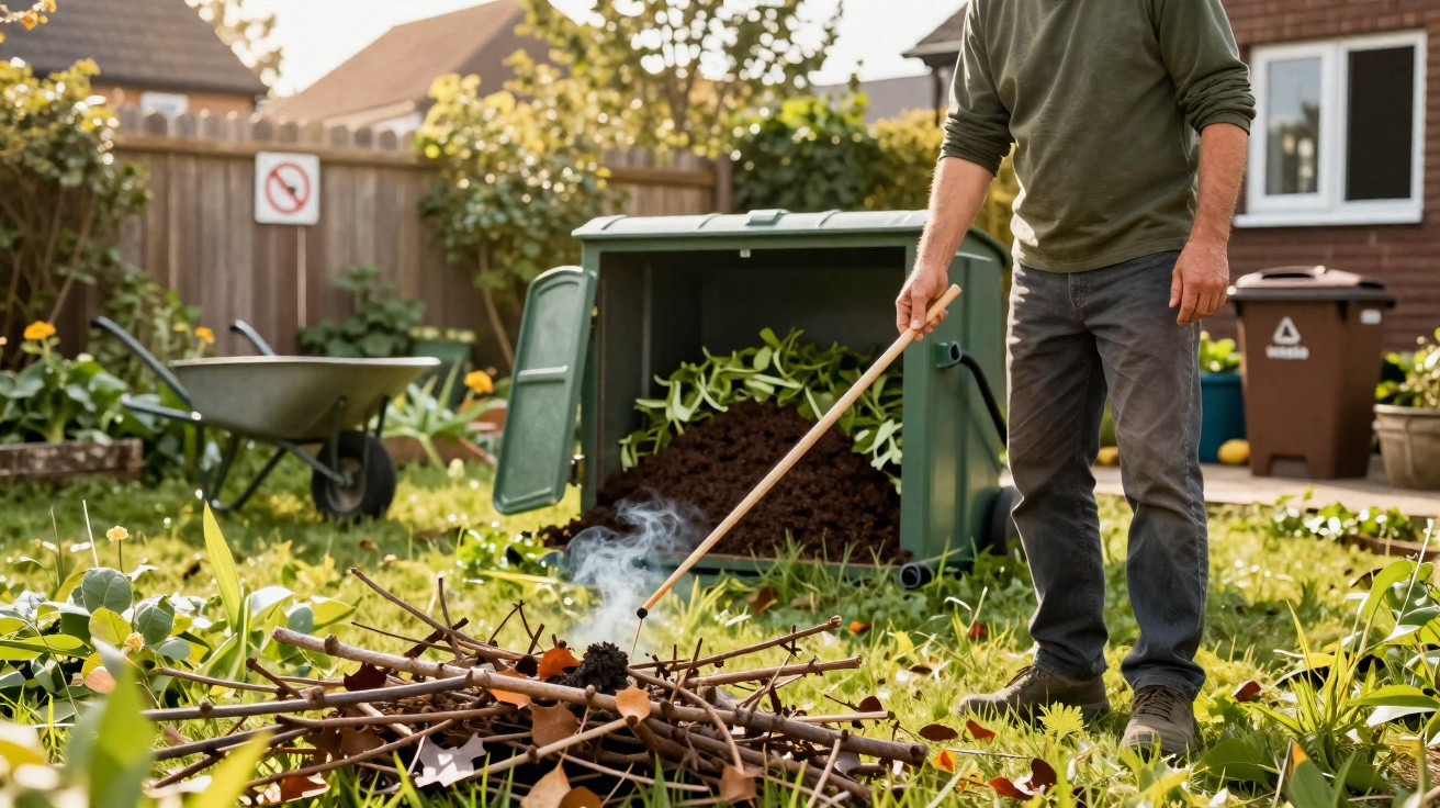 Person tending a small fire with sticks in a garden near a compost bin and wheelbarrow.