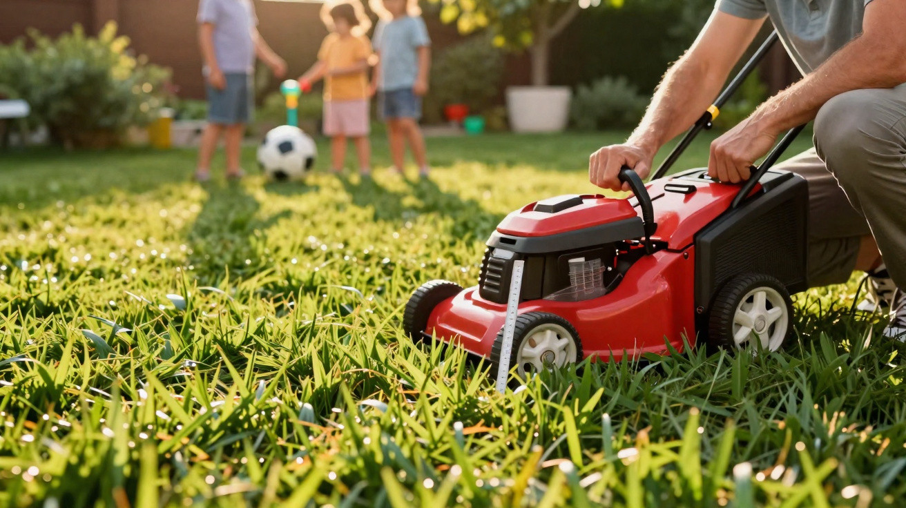 Person using a red lawnmower on grass with three children and a soccer ball in the background in a garden.