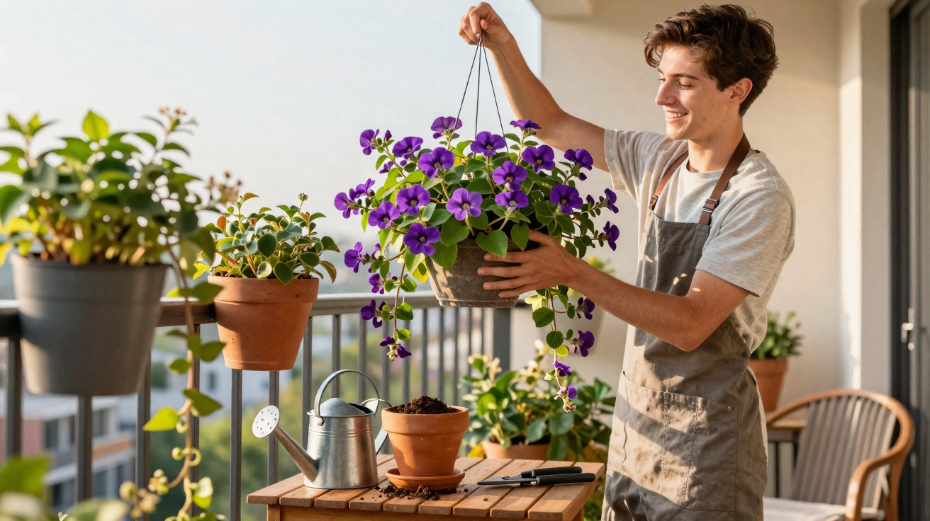 Young man wearing apron holding a hanging basket of purple flowers on a balcony with potted plants.