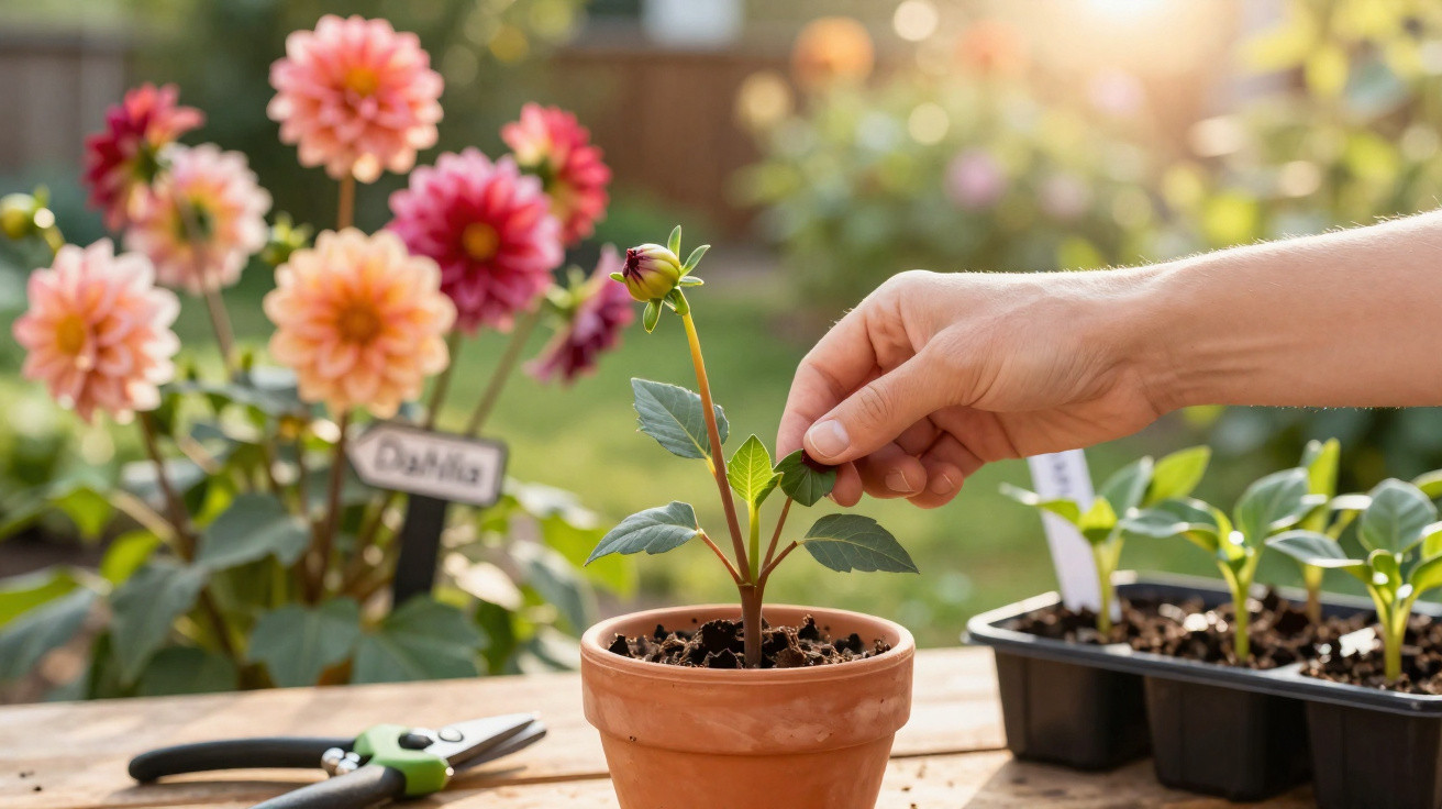 Hand tending young dahlia plant in terracotta pot with flowers and gardening tools on wooden table outdoors.