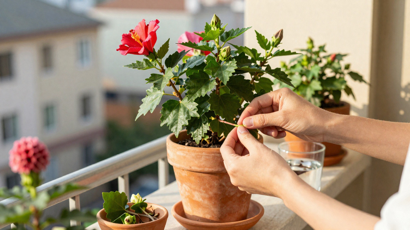 Hands tending to a potted hibiscus plant with pink flowers on a sunlit balcony railing.