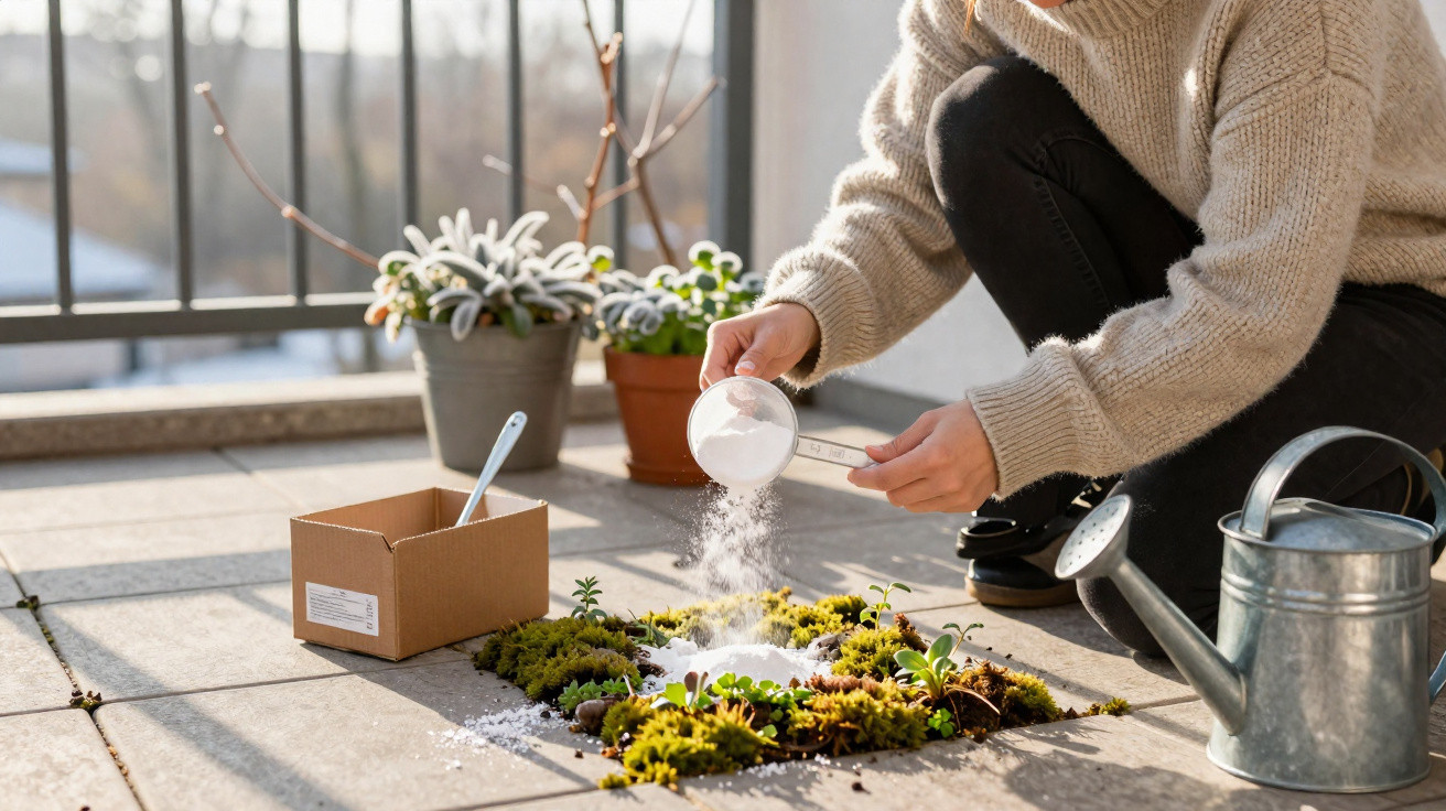 Person sprinkling white powder on moss and plants on a tiled outdoor patio with watering can nearby