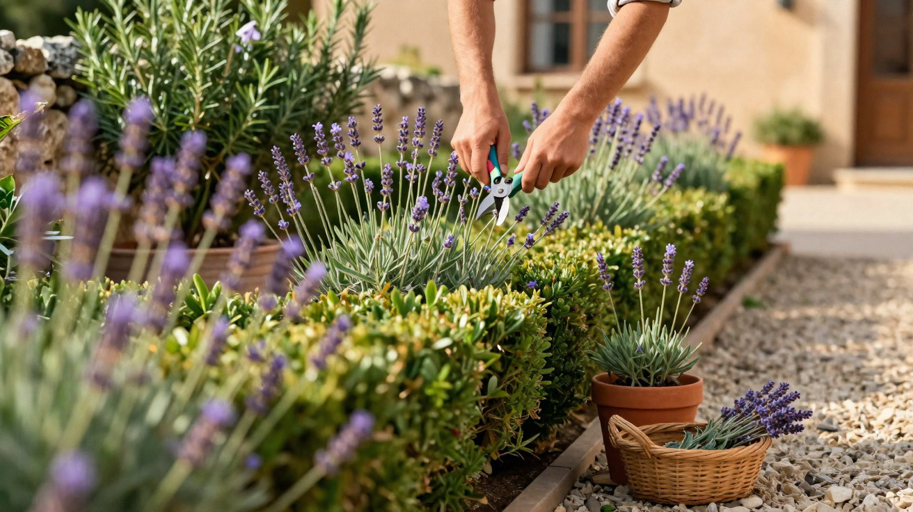 Person trimming lavender plants in a garden with gardening shears next to a basket of cut flowers.