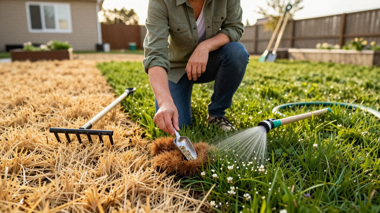 Person planting a small plant in a garden with straw mulch, a rake, and a watering hose nearby.