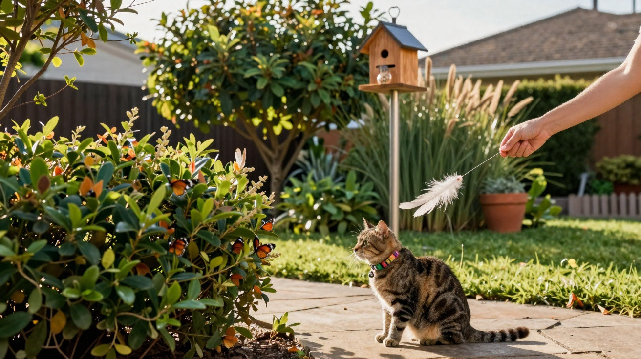 Tabby cat wearing a collar sits on a patio watching a hand play with a feather toy in a sunny garden.
