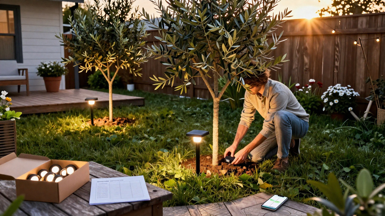 Person kneeling in garden installing solar garden lights around small trees at sunset.