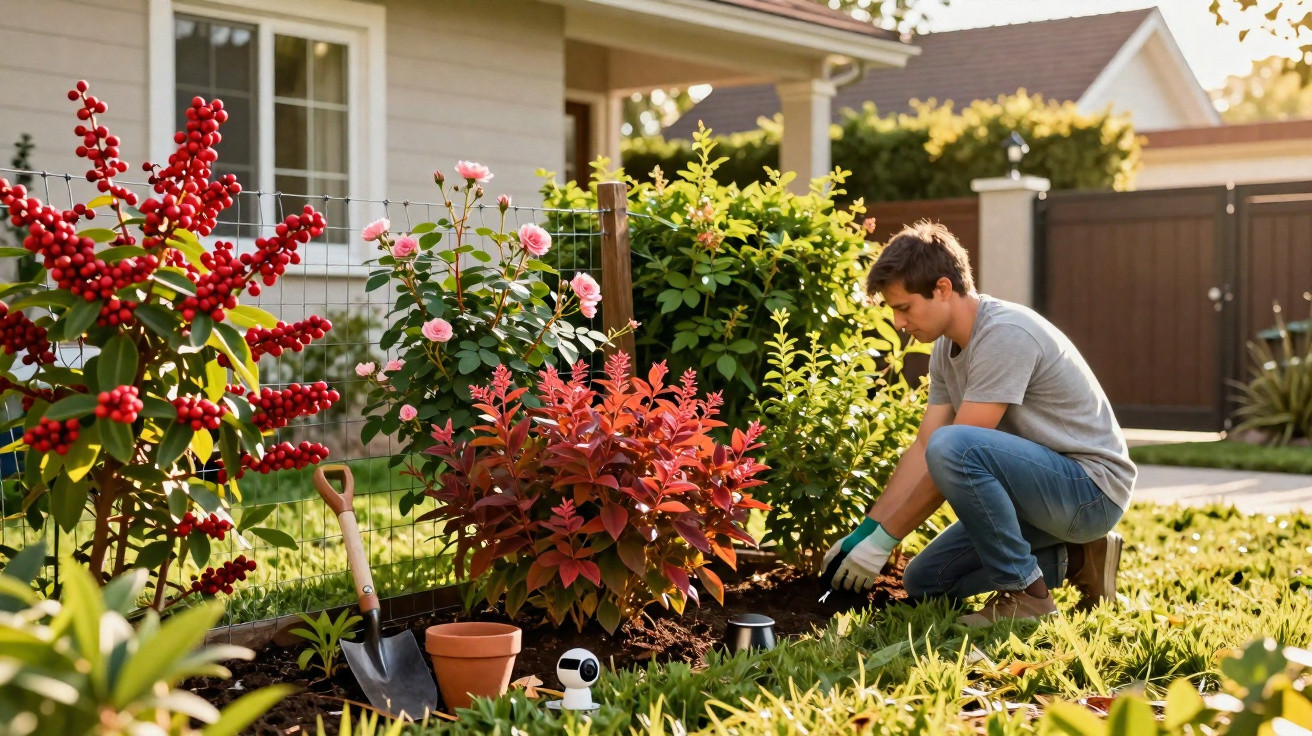 Young man gardening in a sunny backyard, planting flowers near a house with gardening tools nearby.