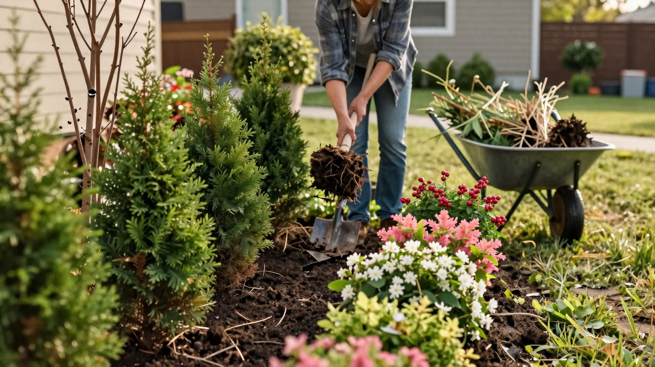 Person gardening, planting a shrub with a shovel beside a wheelbarrow and colourful flowers in a garden bed.
