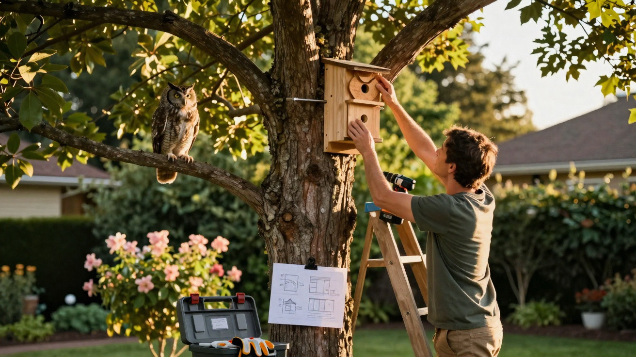 Man on ladder installing wooden birdhouse on tree with owl perched nearby in sunny garden.