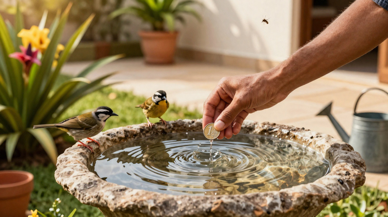 Hand holding a one euro coin dripping water into a stone birdbath with two birds perched nearby.