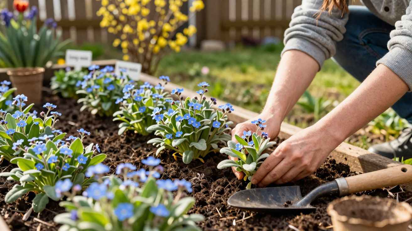 Person planting small blue flowers in a garden bed with gardening tools and labelled plants in the background.