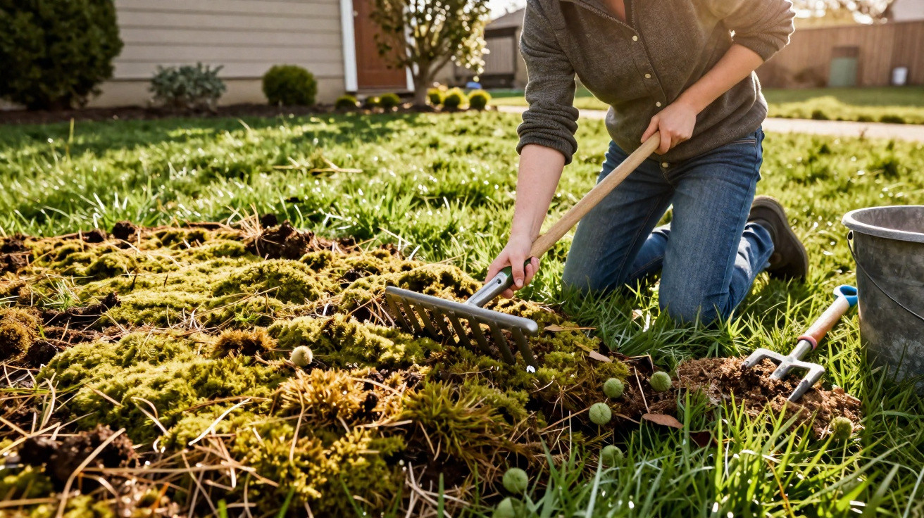 Person raking moss and grass in a garden patch with gardening tools and a metal bucket nearby.