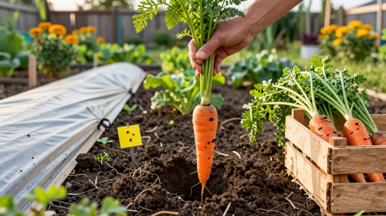 Hand pulling a freshly harvested carrot from soil in a garden with a crate of carrots nearby.