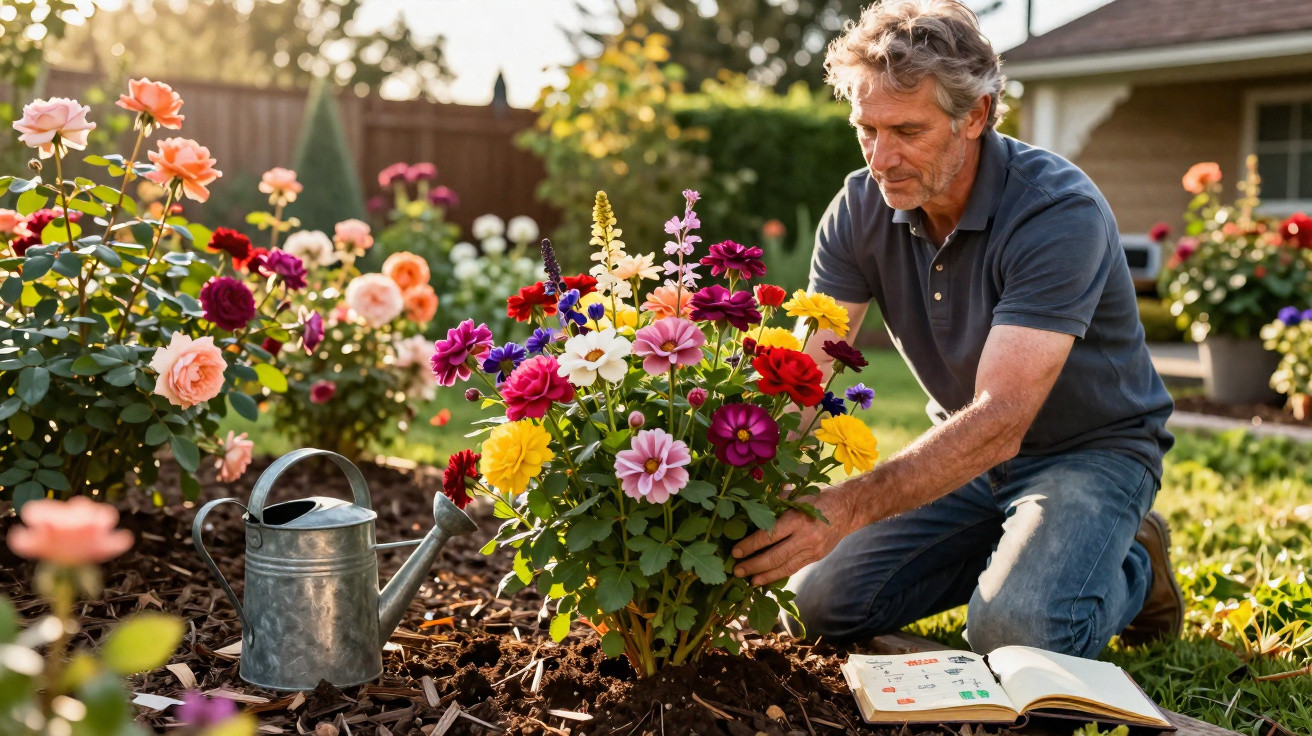 Man tending a colourful flower bush in a garden with a watering can and open gardening book nearby.