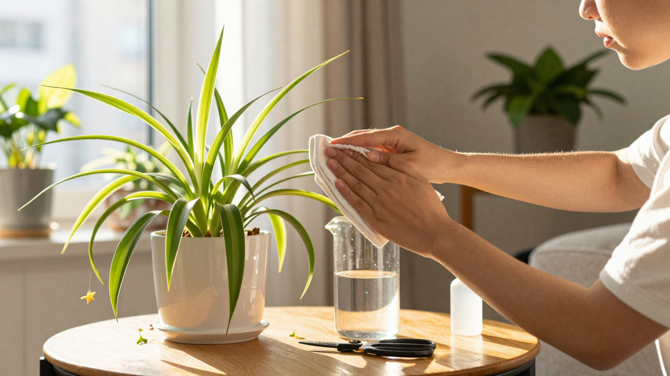 Person cleaning leaves of a spider plant on a wooden table by a sunny window indoors.