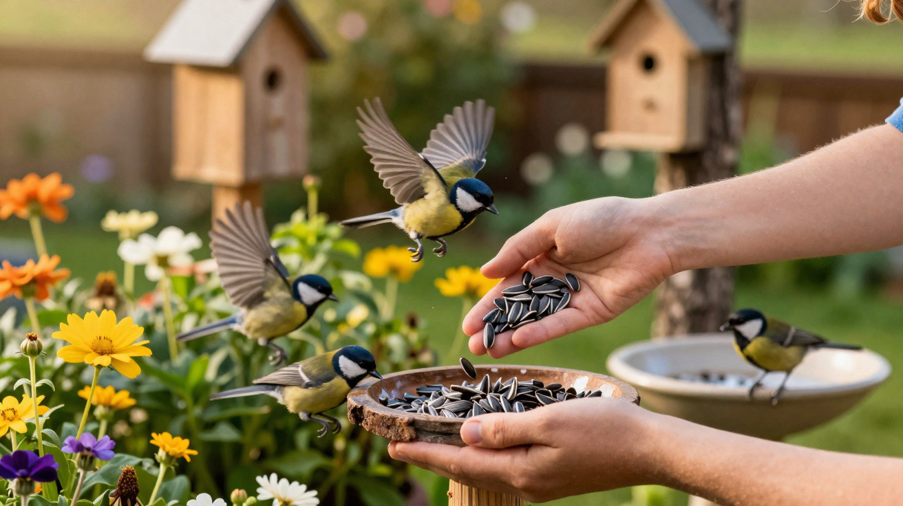 Person feeding sunflower seeds to great tits near birdhouses in a colourful garden.