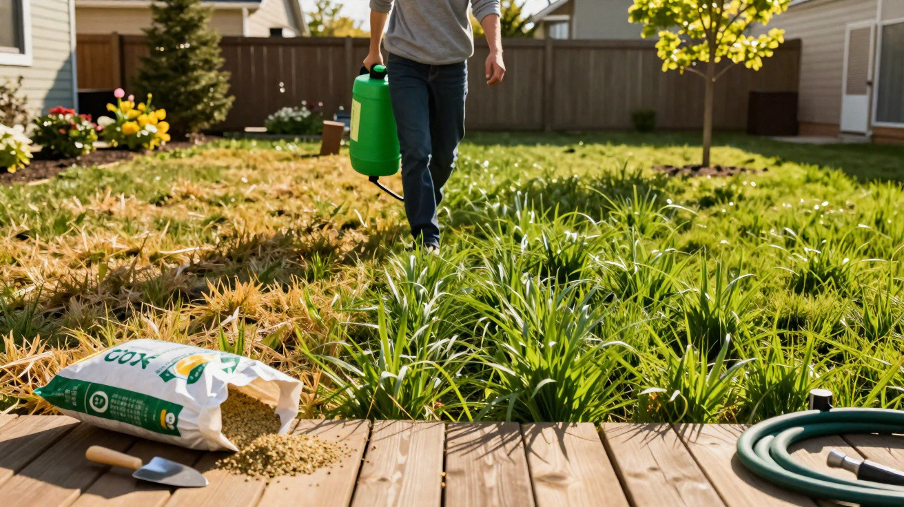 Person watering a garden with green plants, gardening soil bag, trowel, and garden hose on a wooden deck.