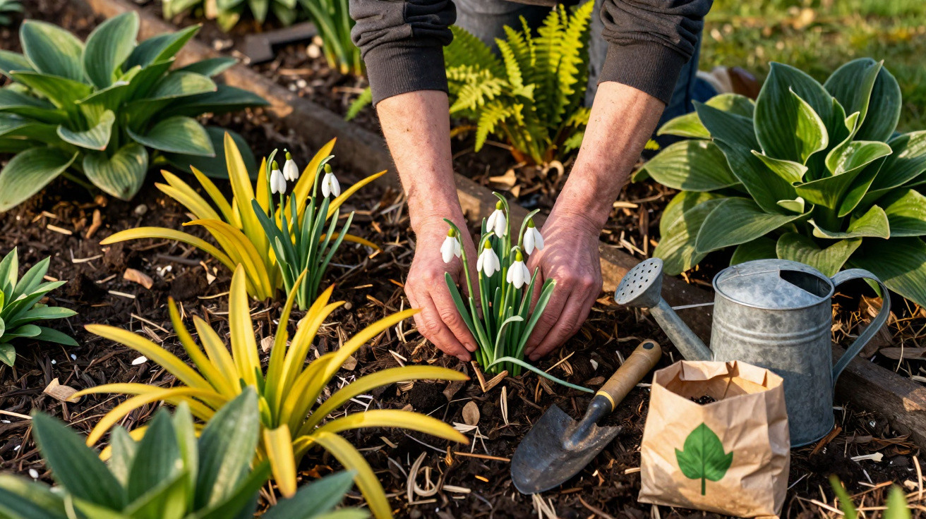 Person planting white snowdrop flowers in a garden bed surrounded by green and yellow foliage with gardening tools nearby.