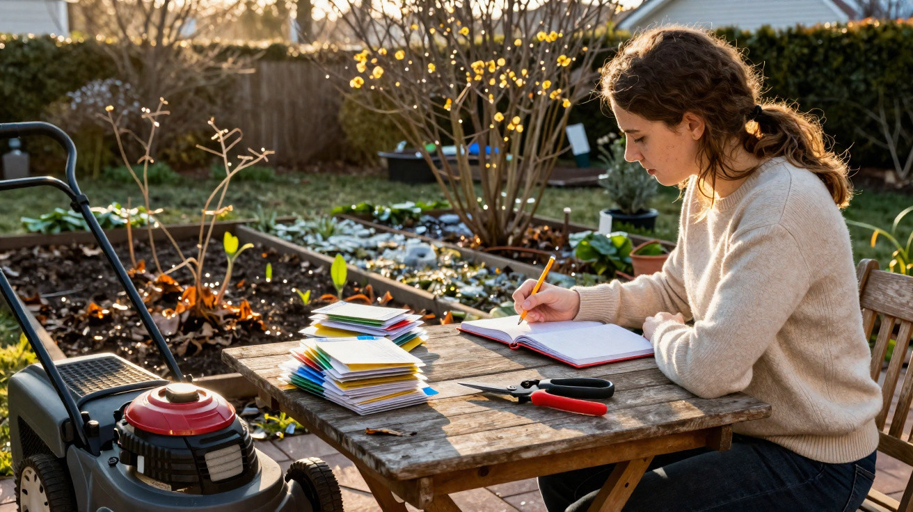 Woman sitting at a wooden table outdoors writing in a notebook with gardening tools and plants nearby in sunlight.