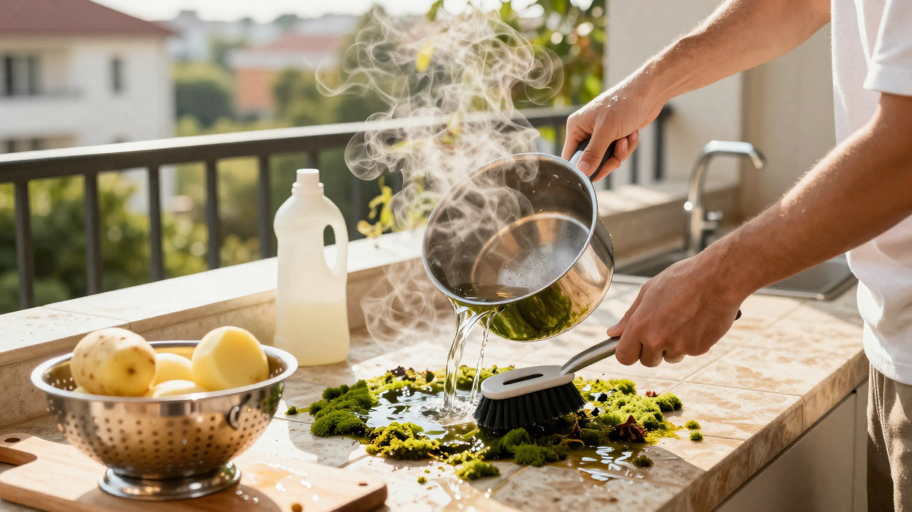 Person pouring hot water from a pot onto a kitchen counter to clean green moss using a scrubbing brush.