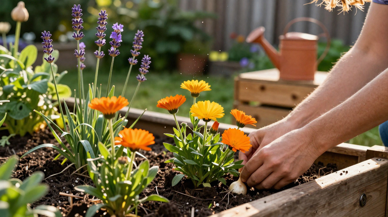 Hands planting flowers including lavender and marigolds in a wooden garden bed outdoors on a sunny day.