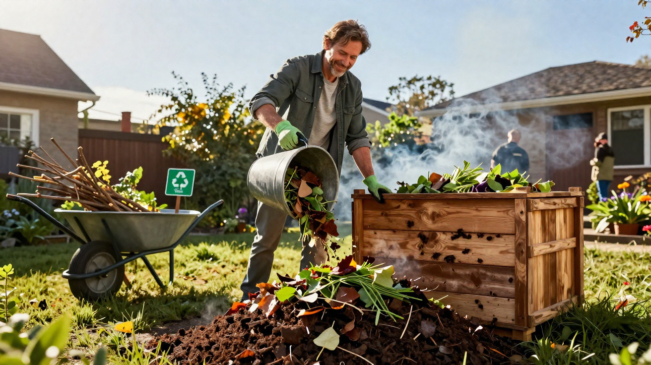 Man adding garden waste to a wooden compost bin in a sunny backyard with a wheelbarrow nearby.