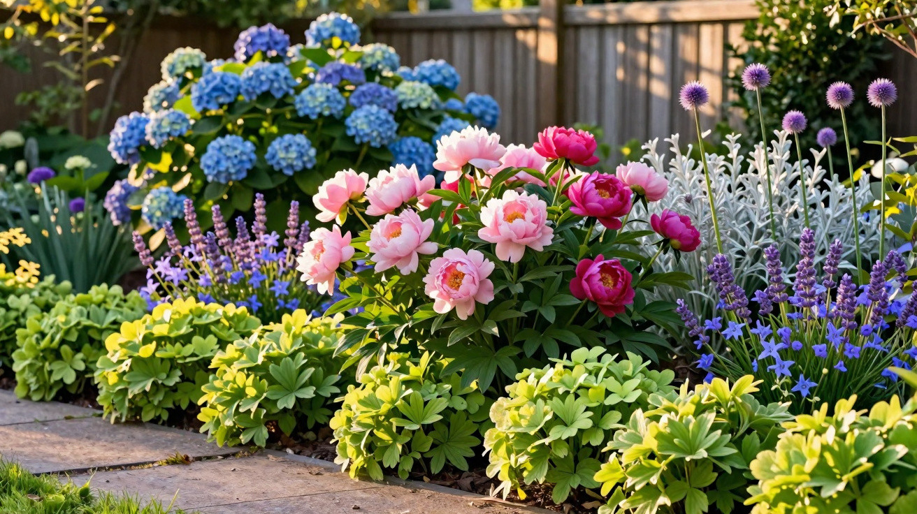 Colourful garden bed with pink and red peonies, blue hydrangeas, purple flowers, and green foliage in sunlight.