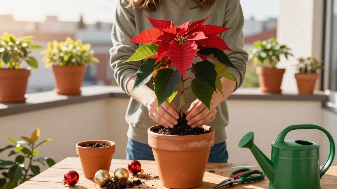 Person repotting a vibrant red poinsettia on a sunlit balcony with gardening tools and ornaments nearby.