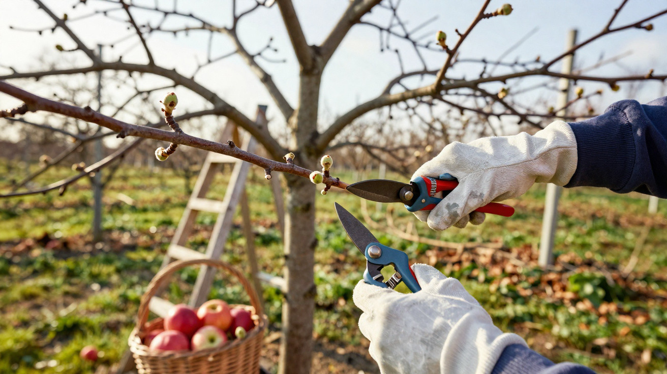 Person pruning budding tree branch with secateurs in orchard, basket of apples and ladder in background.