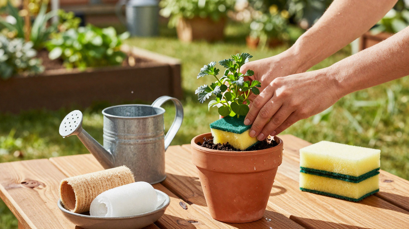 Hands planting a small green herb in a terracotta pot using a cleaning sponge outdoors on a wooden table.