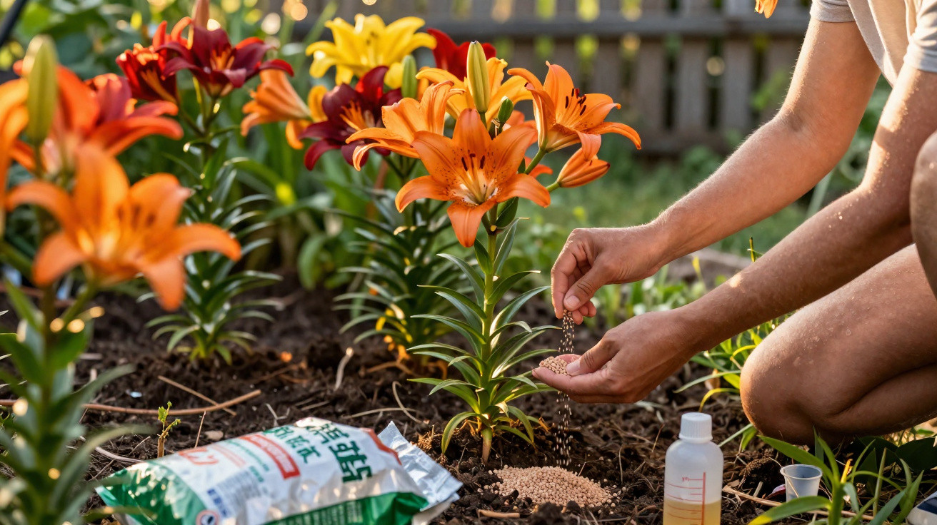 Person fertilising soil around orange lilies in a garden with bags and bottles of gardening supplies nearby