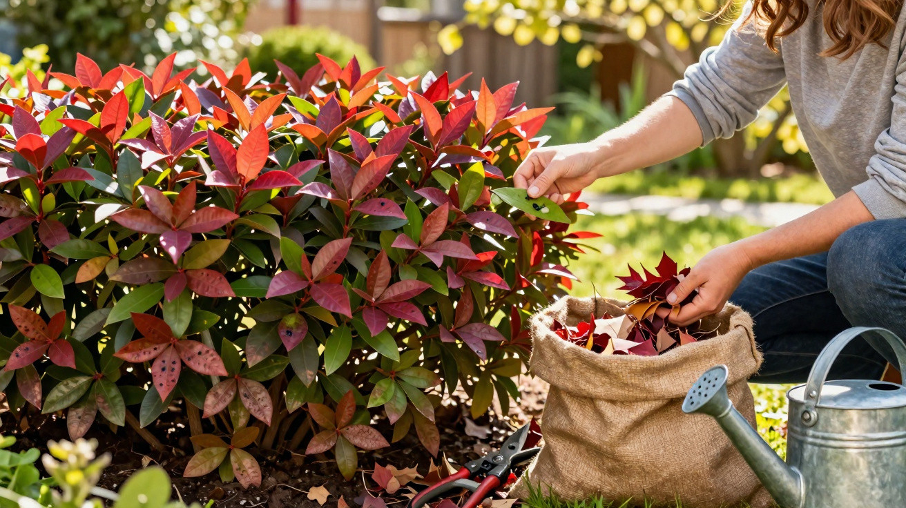 Person collecting red and green leaves from a bush into a burlap sack in a garden.
