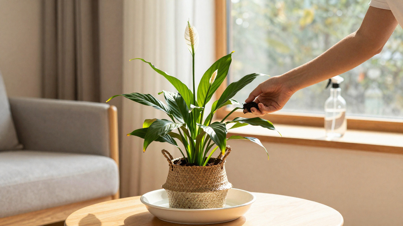 Person adding soil to a potted peace lily on a wooden table in a sunlit living room.