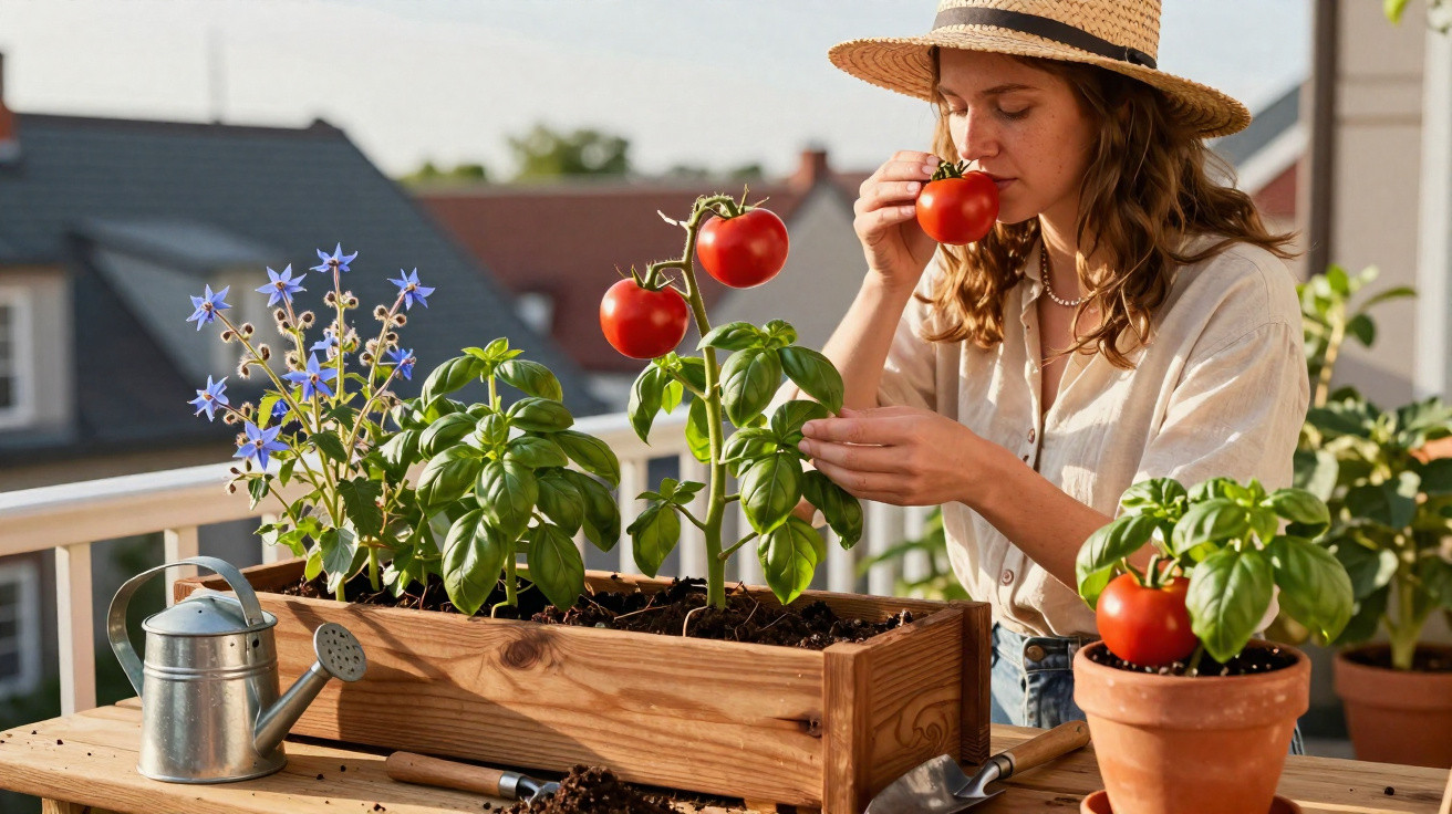 Woman in a straw hat smelling ripe tomatoes from a balcony herb garden in a wooden planter on a sunny day.