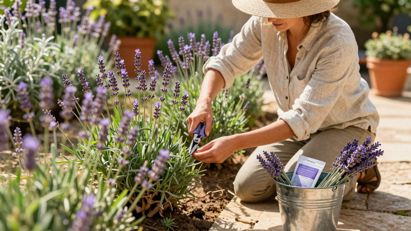 Person wearing a hat pruning lavender plants in a garden with a metal bucket beside them.
