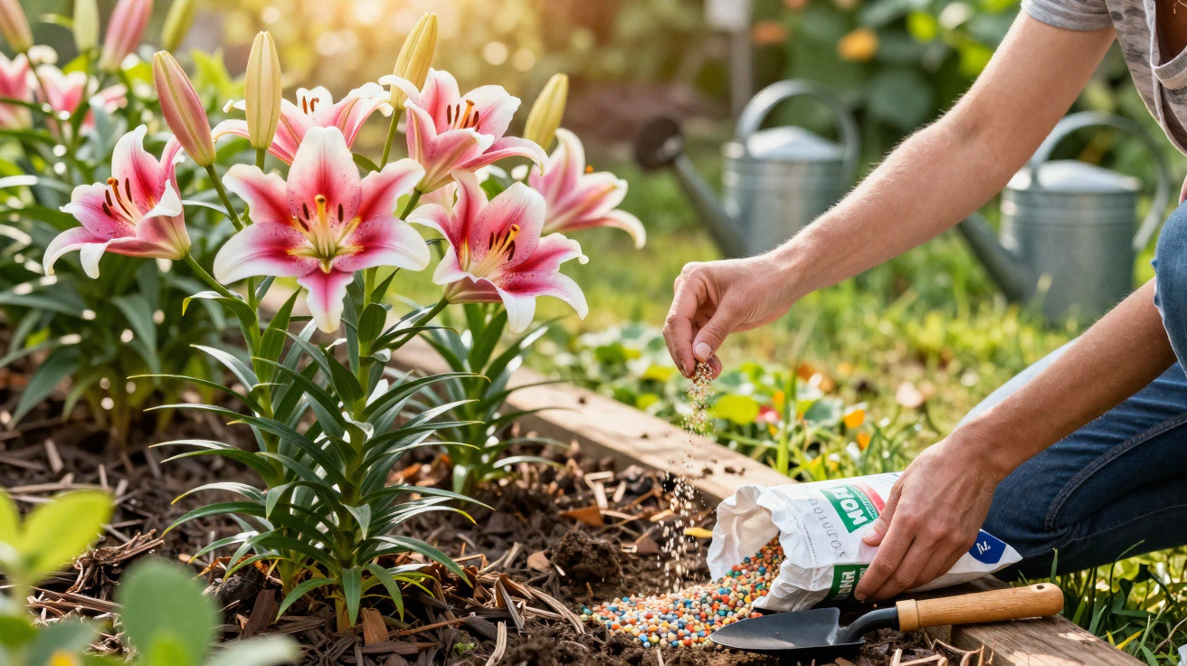 Person sprinkling granular fertiliser near blooming pink and white lilies in a garden bed on a sunny day.
