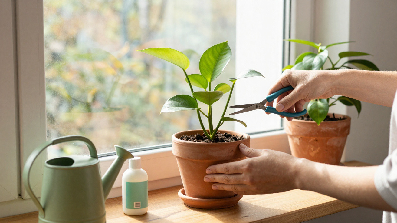 Person pruning a small green houseplant in a terracotta pot on a windowsill with gardening tools nearby.