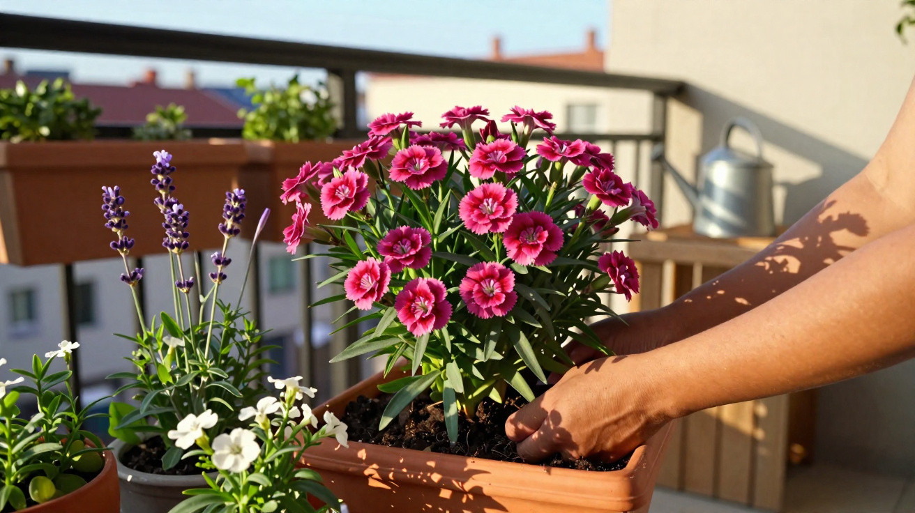Person's hands planting vibrant pink flowers in a terracotta pot on a sunlit balcony with other potted plants nearby