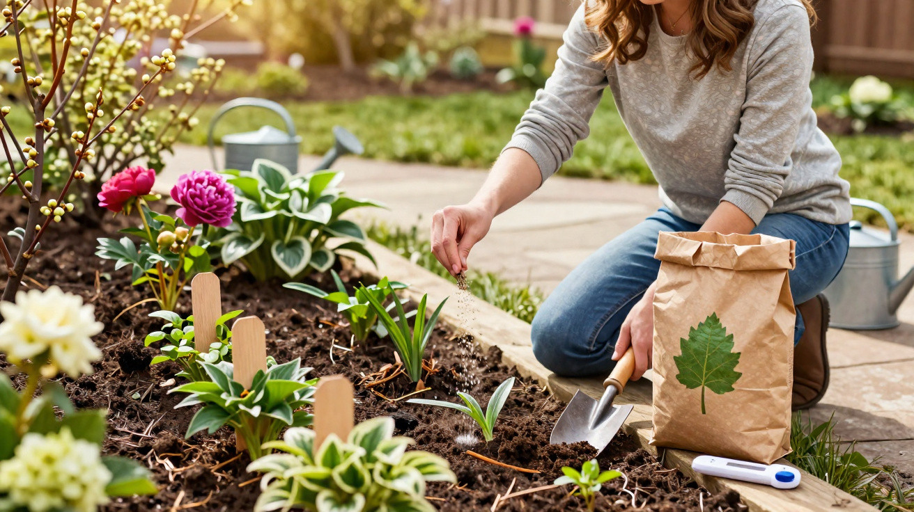 Person planting seeds in a garden bed with flowers and gardening tools on a sunny day.