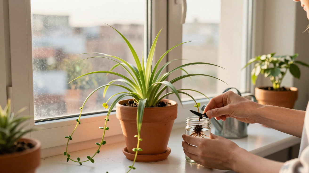 Person caring for a small aquatic plant in a jar beside potted indoor plants on a sunny windowsill.