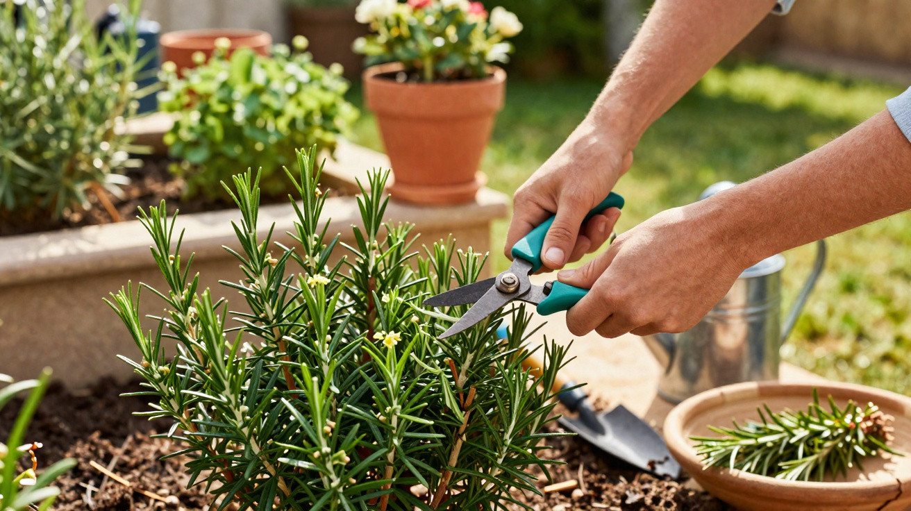 Hands pruning a rosemary plant with garden shears in a sunny outdoor garden setting.
