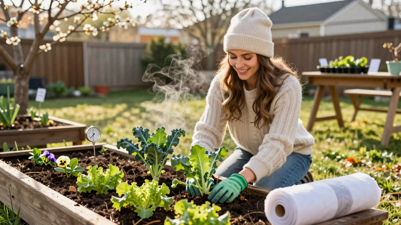 Woman in warm clothing gardening leafy green vegetables in a raised bed on a sunny day