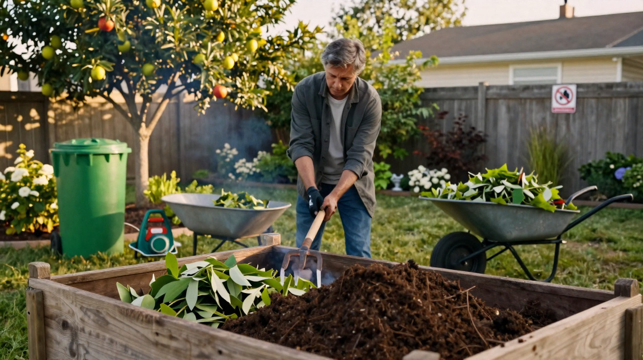 Man gardening with a fork in raised bed, surrounded by wheelbarrows filled with green leaves in a backyard.