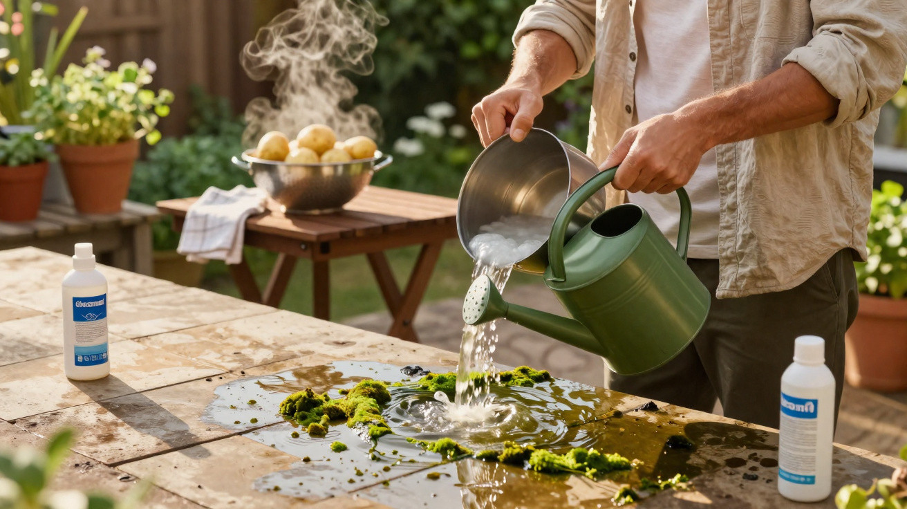Person pouring water from a bowl into a green watering can on a garden table with potatoes and moss.