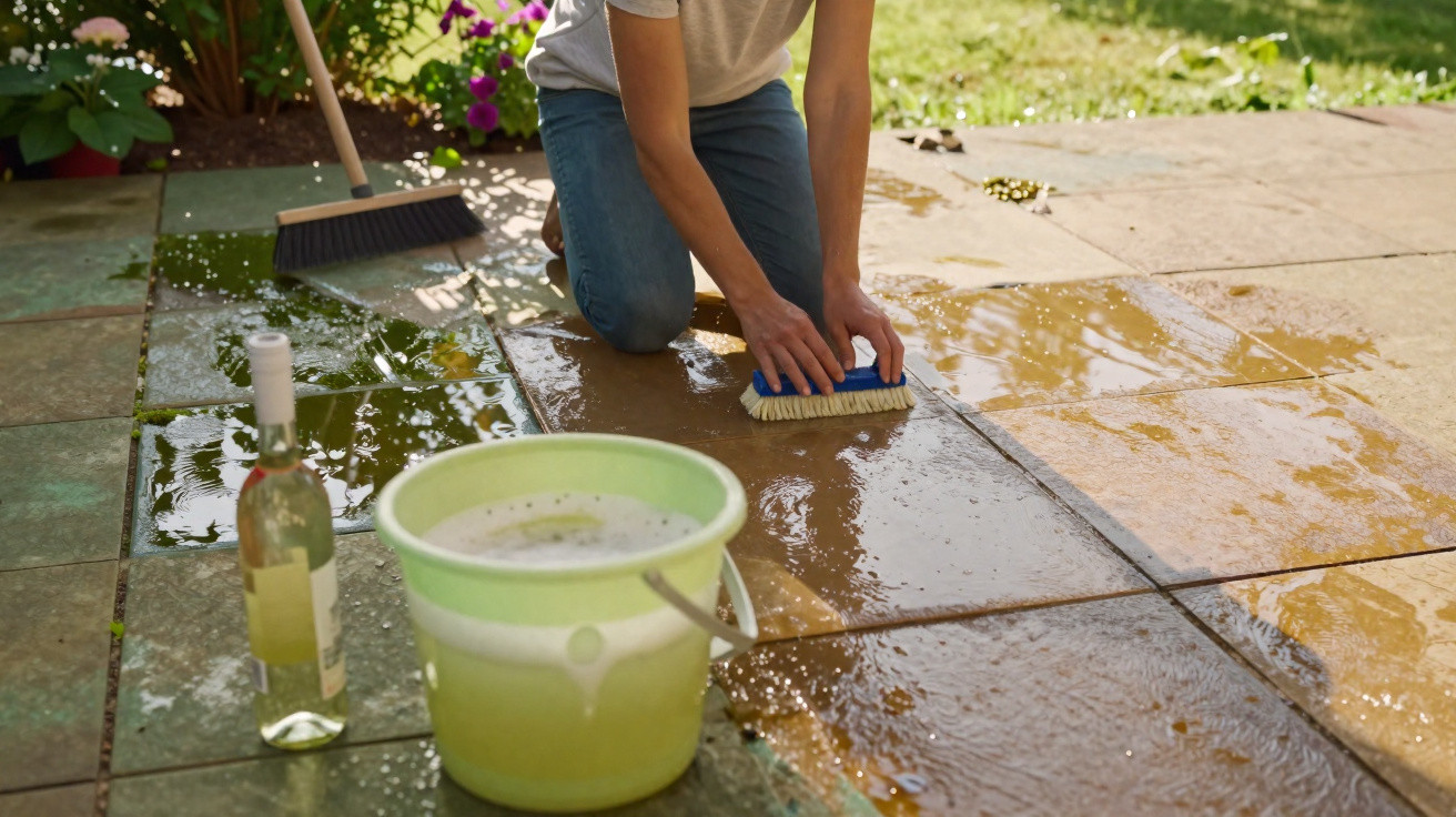 Person kneeling and scrubbing wet patio tiles with a brush next to a soapy bucket and a bottle of wine outdoors.