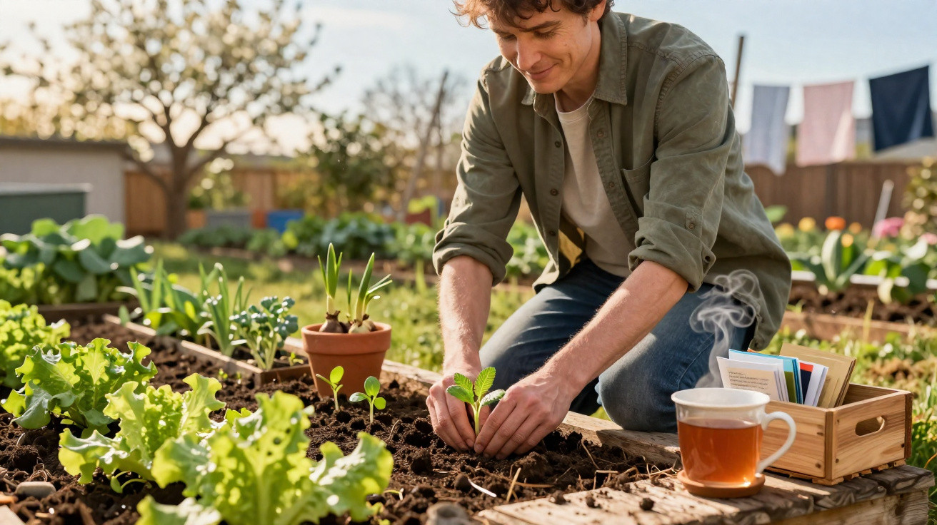 Man planting seedlings in a garden bed with tea and gardening supplies nearby on a sunny day.
