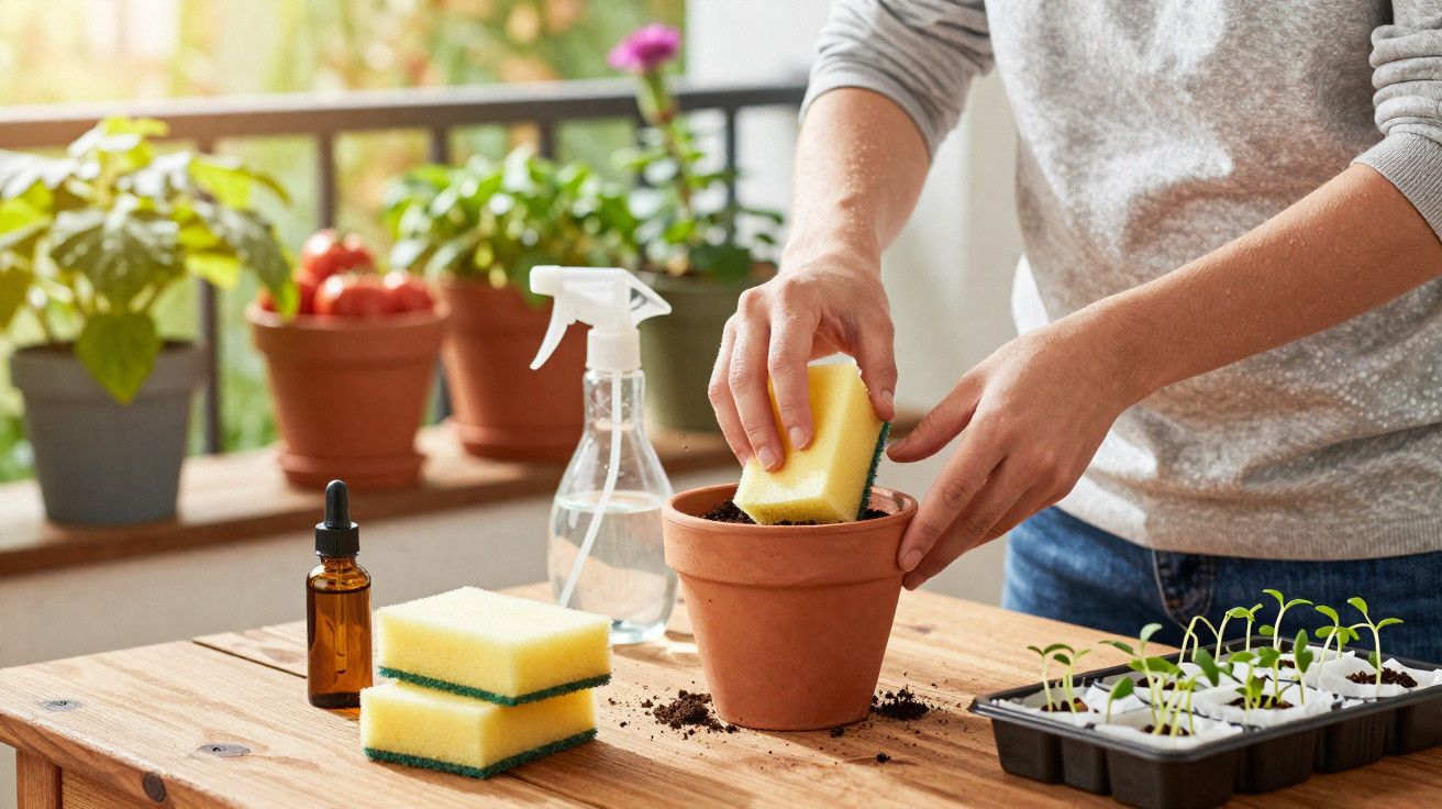 Person placing a yellow sponge into a terracotta pot on a wooden table with gardening supplies.