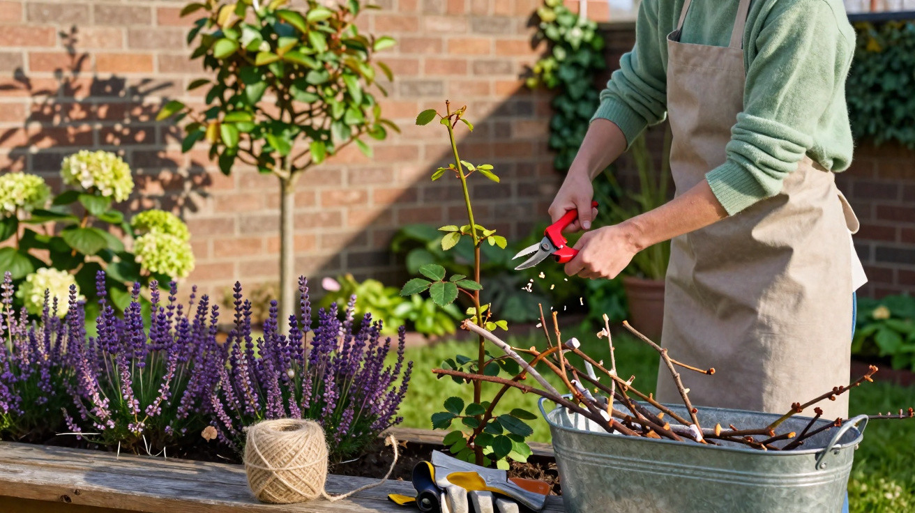 Person wearing an apron pruning rose branches in a garden with lavender and garden tools nearby.