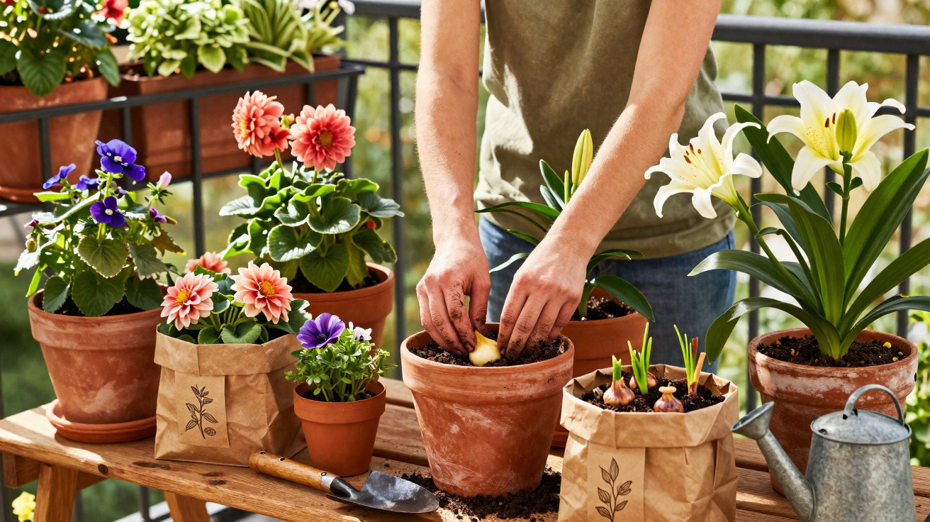 Person planting bulbs in terracotta pots surrounded by flowering plants and gardening tools on a balcony table.
